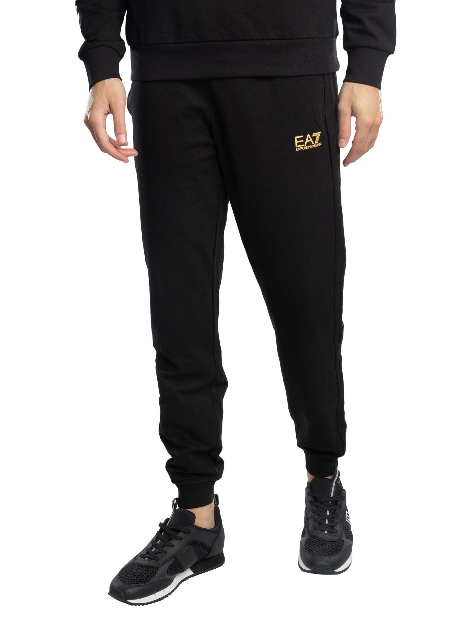 Ea7 Black Cotton Jogger Pants In Jersey With Drawstring Core Identity