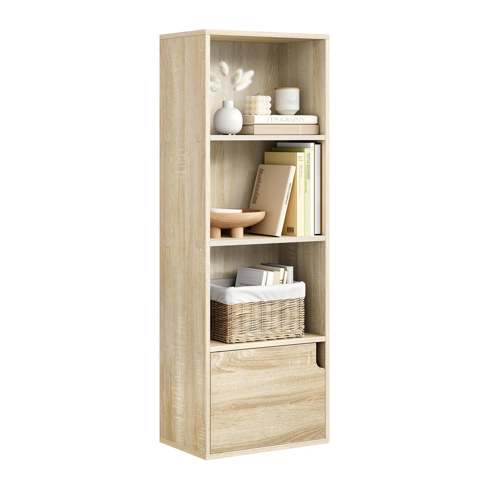 eSituro Libreria Verticale con 3 Scomparti a Giorno e 1 Armadietto, Scaffale Salvaspazio per Studio, Ufficio, in Truciolare e MDF, Legno Chiaro, 34x24x106 cm