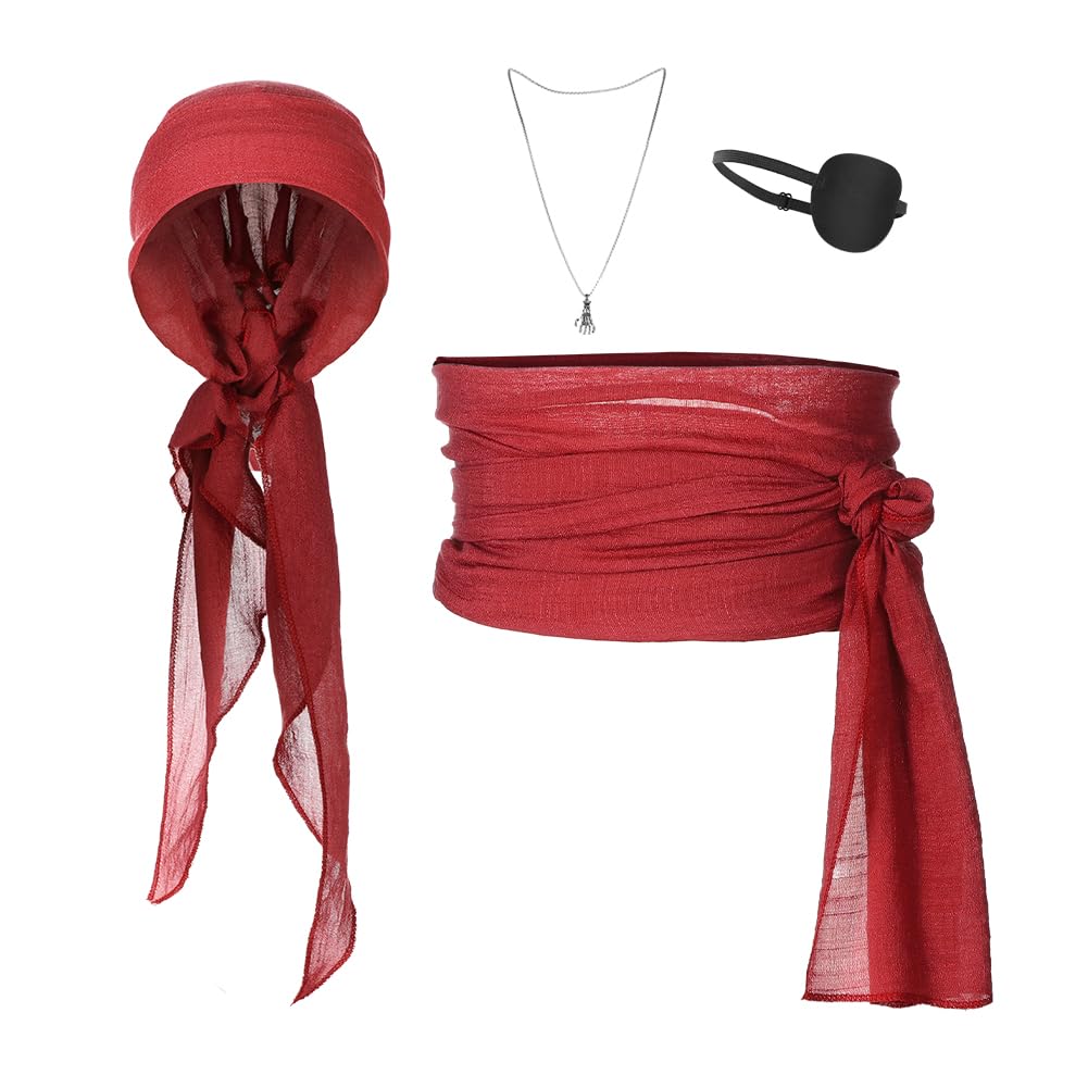 4PCS Pirate Costume Accessories Set Pirate Headscarf Eye Patch Waist Belt Pendant Halloween Captain Bandana Eyepatch Belt Outfit Role Play Fancy Dress Kit Medieval Renaissance Theme Party Supplies