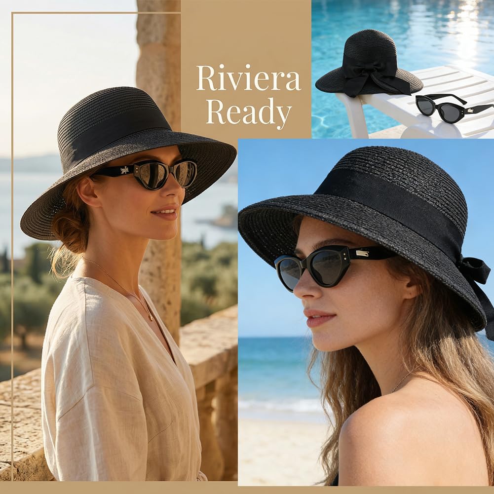 Sombreros de Sol para Mujeres Gafas de Sol UV400 para Viaje Verano Sombrero de Sol de Playa Plegable Sombrero de Paja de ala Ancha con Nudo, Negro