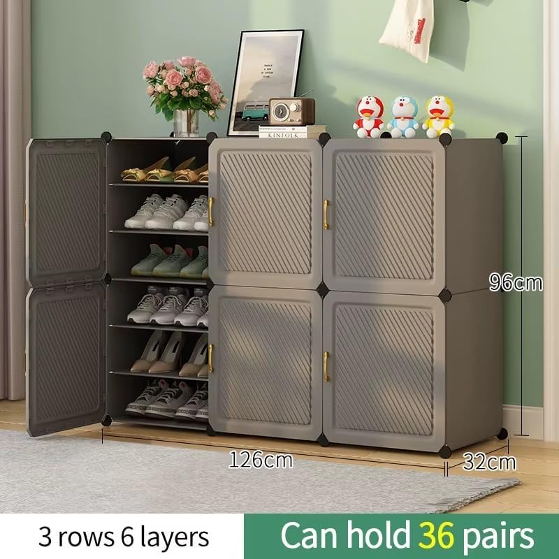 Image of Modular Shoe Rack Organizer with Drawer Storage, Multi-Layer Foldable Shoe Cabinet with Dustproof Doors for Home Entryway Bedroom (Grey, 9-Door)