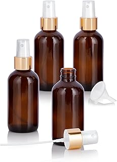 JUVITUS 4 oz / 120 ml Amber Glass Boston Round Bottle with Gold Fine Mist Sprayer + Funnel (4)
