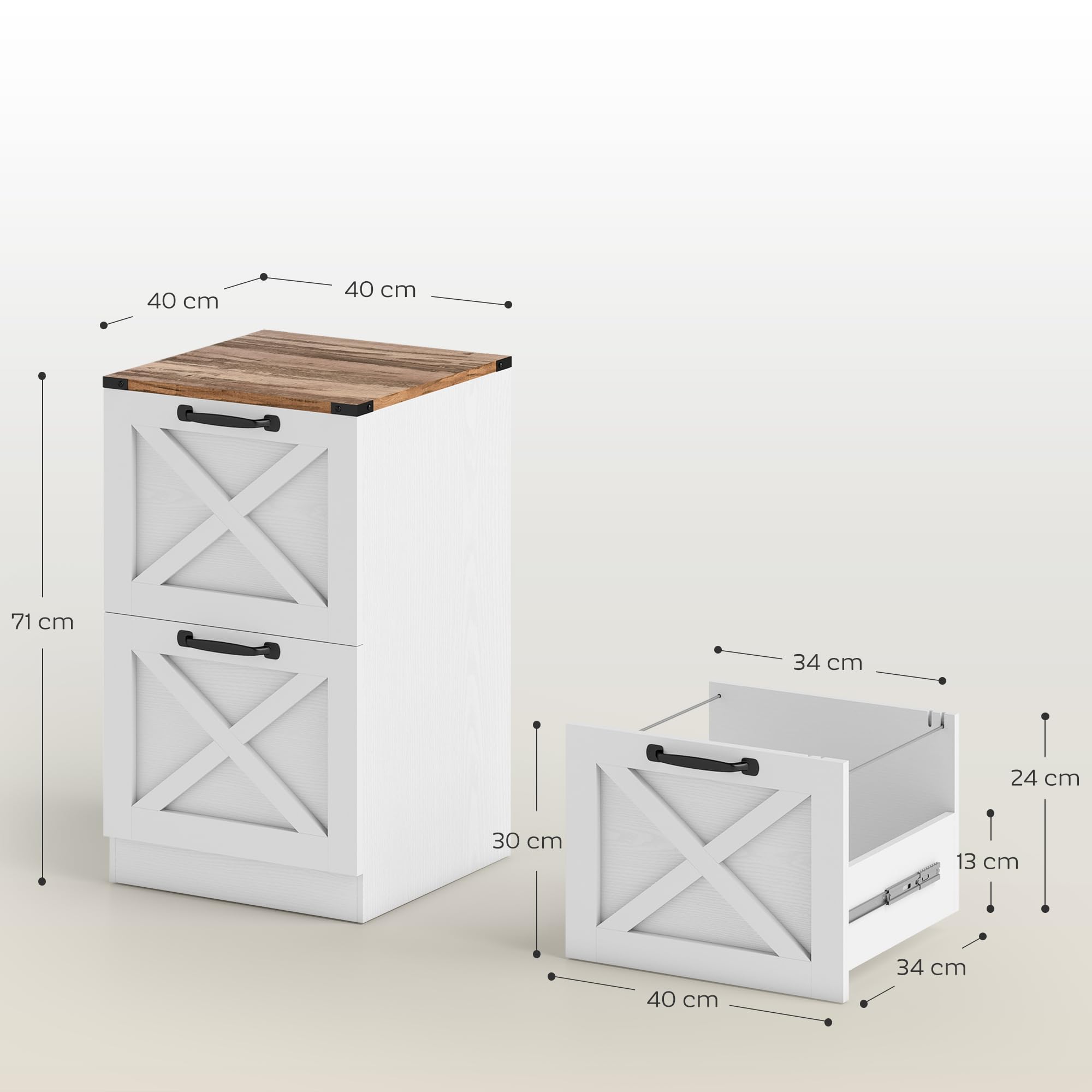 HOMCOM Commode de Bureau avec 2 tiroirs, Commode de Bureau, classeur, Porte-imprimante, avec Rail de Suspension pour A4 et Letter, 40x40x71 cm, Blanc
