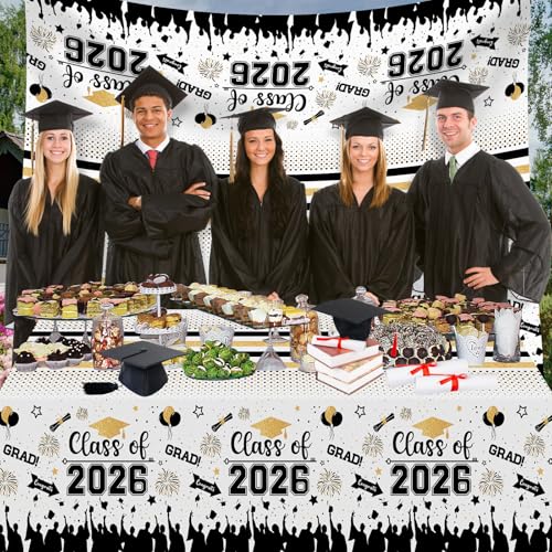 Image of Graduation Decorations Class of 2026 Tablecloth - 3 Pcs Plastic Congrats Grad Table Cloth, Graduation Table Cover for Graduation Party Decorations 2026 and Party Supplies, 54 inchx108 inch (Black and Gold)