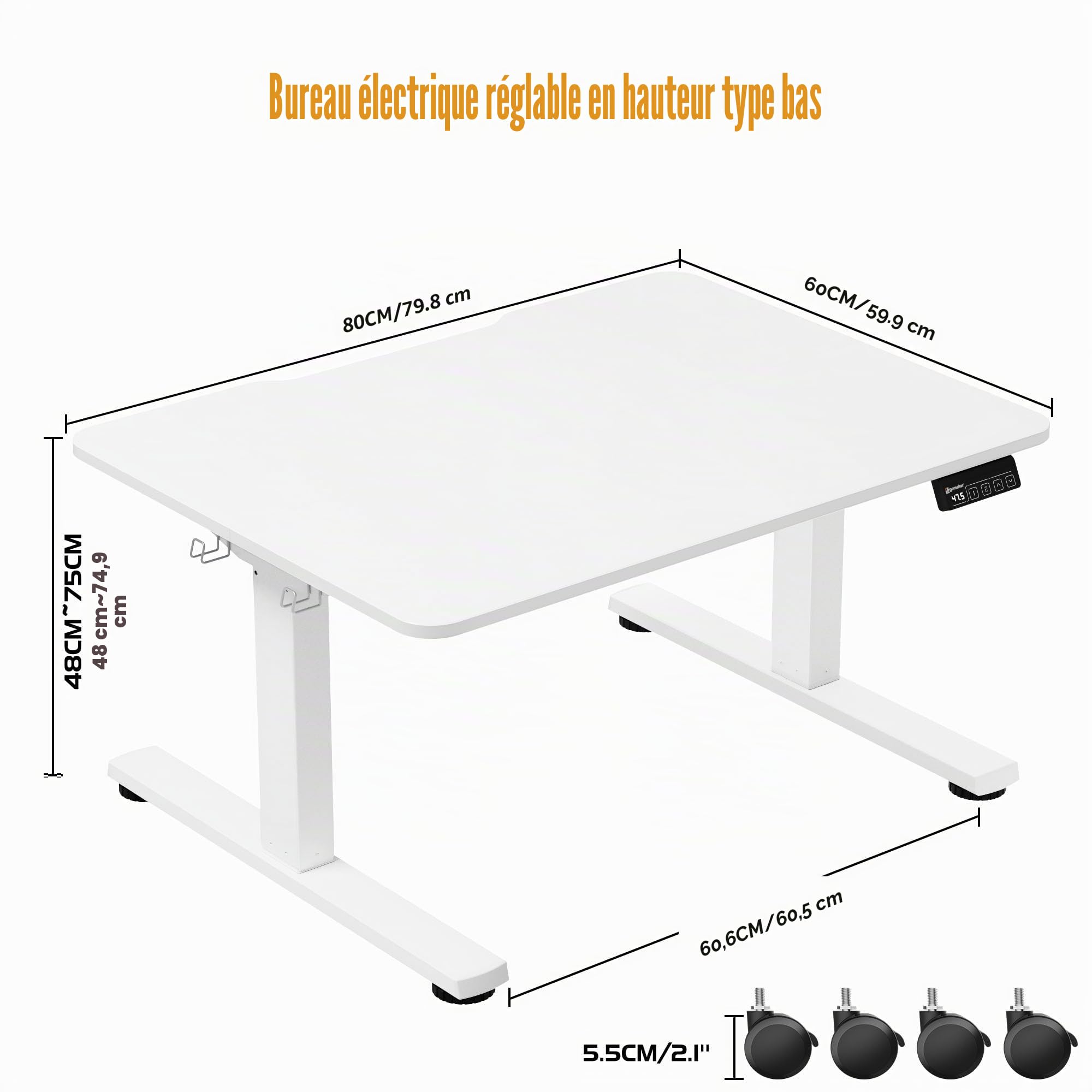 ERGOMAKER Bureau Assis Debout Faible 80 x 60 cm,Bureau électrique réglable