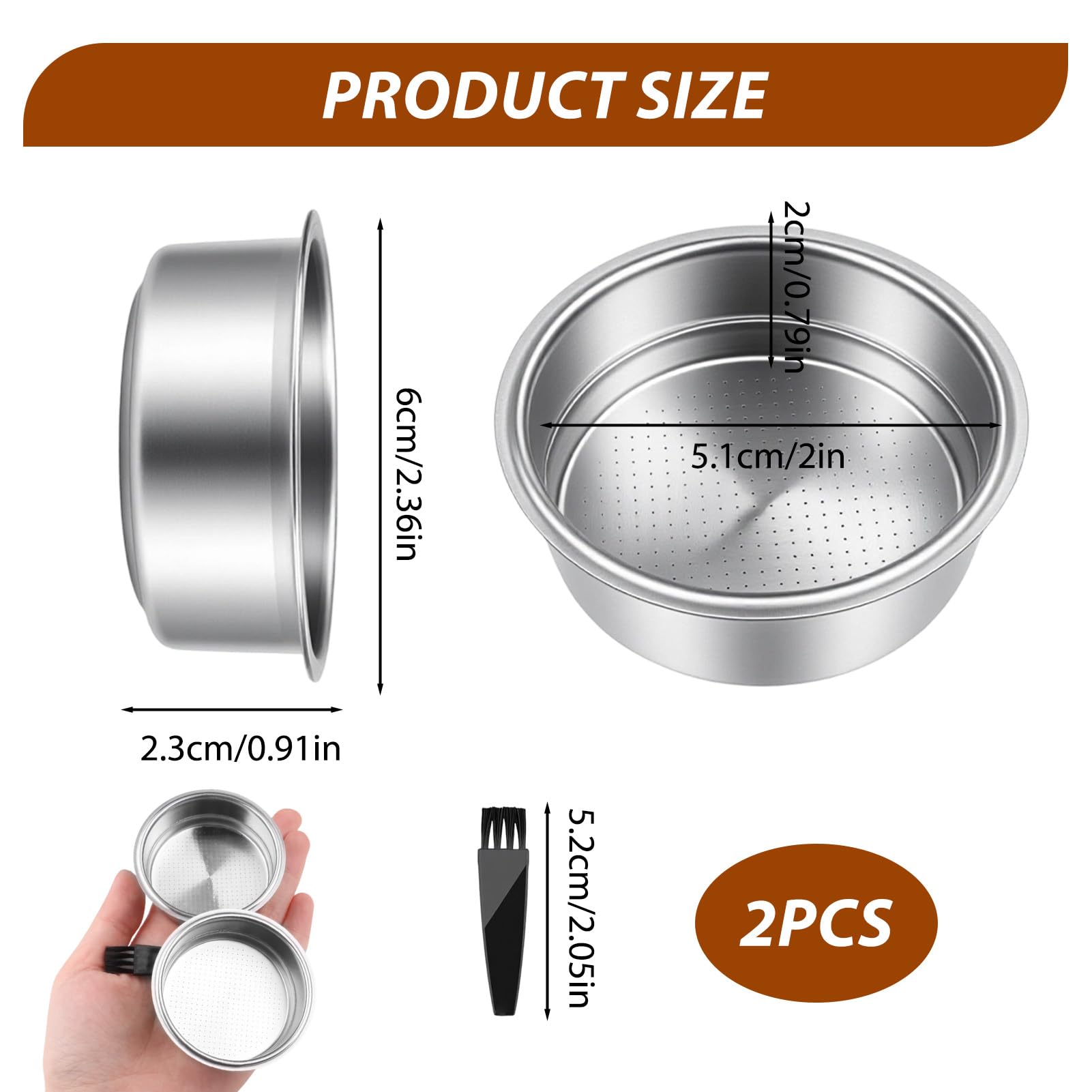 51mm Filtro de Café de Acero Inoxidable 2 Tazas Espresso Cesta Presurizada 2 Tazas Acero Inoxidable Compatible con Cecotec Ufesa Breville Repuesto con Cepillo de Limpieza - 3