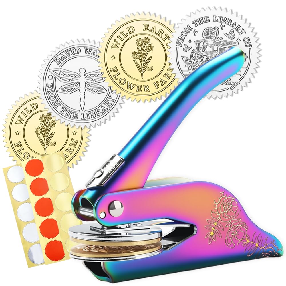 Book Embosser Personalised, Includes 100 Stickers, Custom Book Stamp, Your Name & Design for Readers Libraries and Wedding Invitation Office Envelopes, Brass Material, Sturdy Steel casing