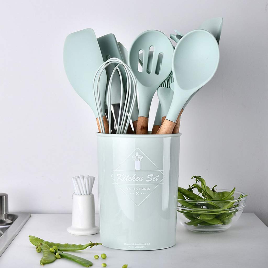 Küchenhelfer-Set, Silikon, antihaftbeschichtet, mit Holzgriff, 10-teilig, Rasen-Grün, Spatel