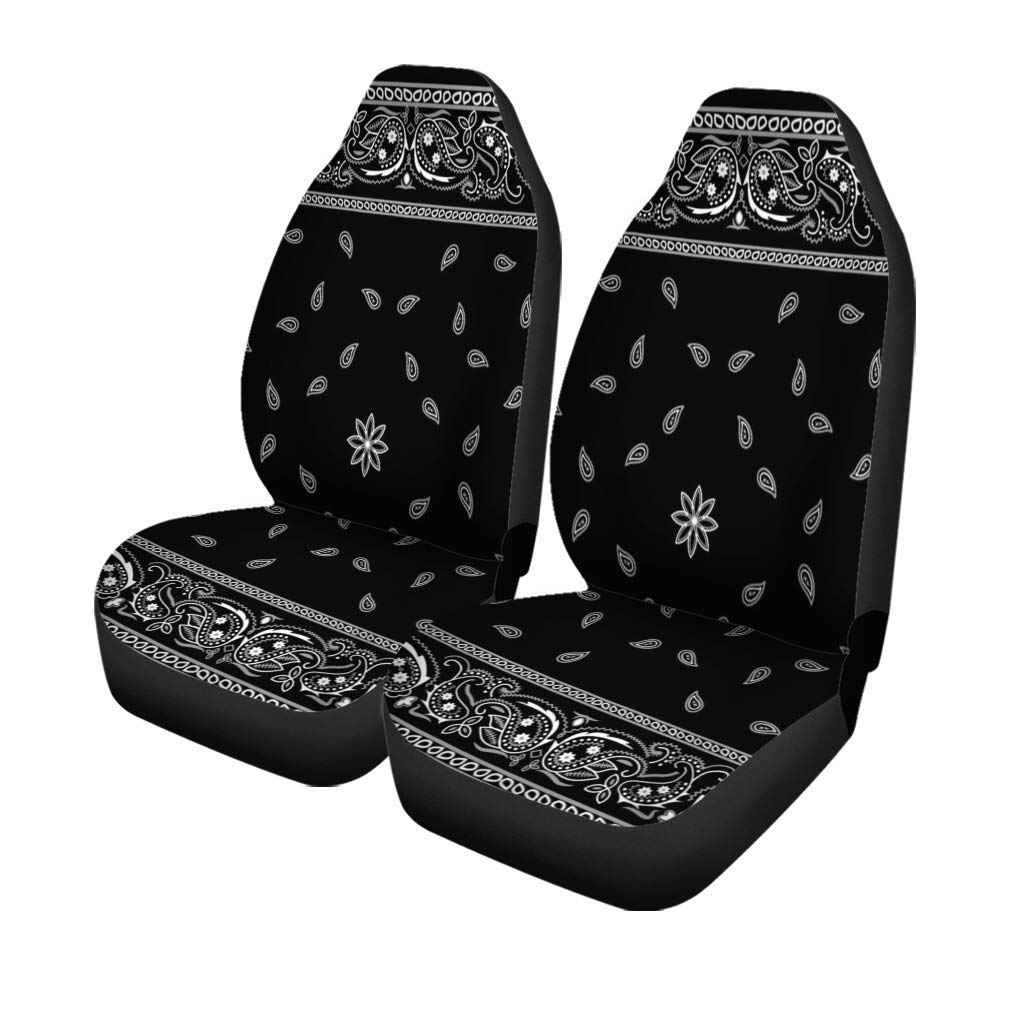 Car Seat Covers Colorful Paisley Black Pattern Bandanna Border Scarf White Set of 2 Auto Accessories Protectors Car Decor Universal Fit for Car Truck SUV