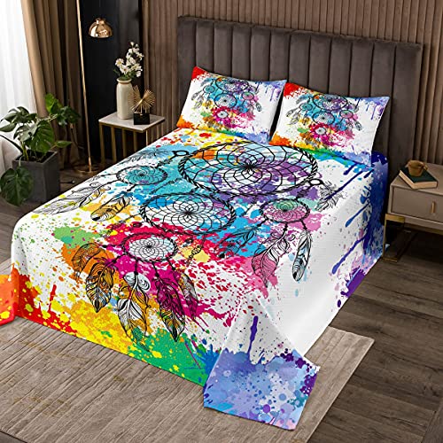 Dreamcatcher - Colcha de 170 x 210 cm, bohemia, juego de 2 piezas para habitación infantil, decoración de acuarela, lunares, edredón bohemio, atrapasueños con 1 funda de almohada