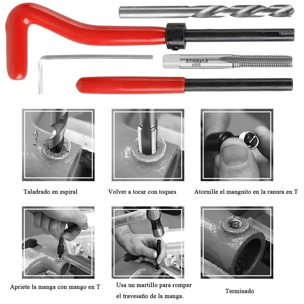 Treki Juego de Reparación de Roscas 30 Piezas M6 Thread Repair Kit Herramientas de Mano HSS Drill Helicoil Kit de Inserción de Reparación de Roscas para Reparación Automóvil