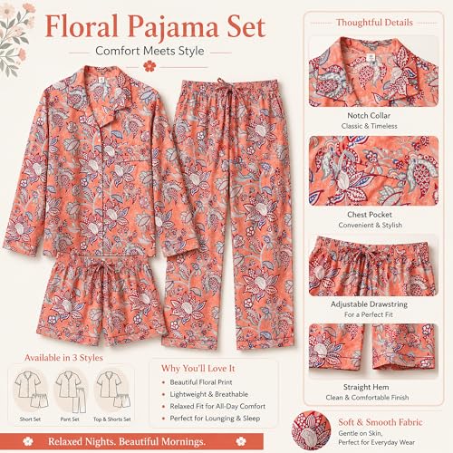 Image of Huar Women Pajama Set, 4 pcs Button Down Vacation Beach Cotton Set, Lounge wear PJ Set For Birthday