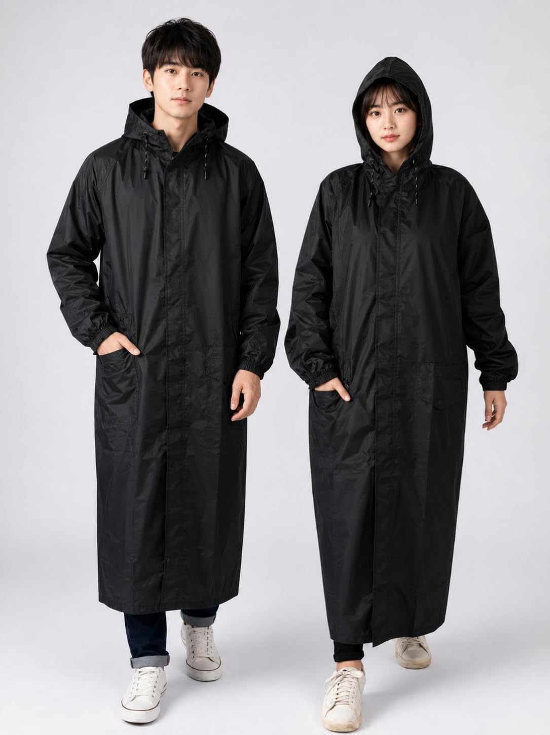 Unisex Zip Raincoat, 100% Waterproof, Long, Hooded, with Pockets, Black colour-picture-48