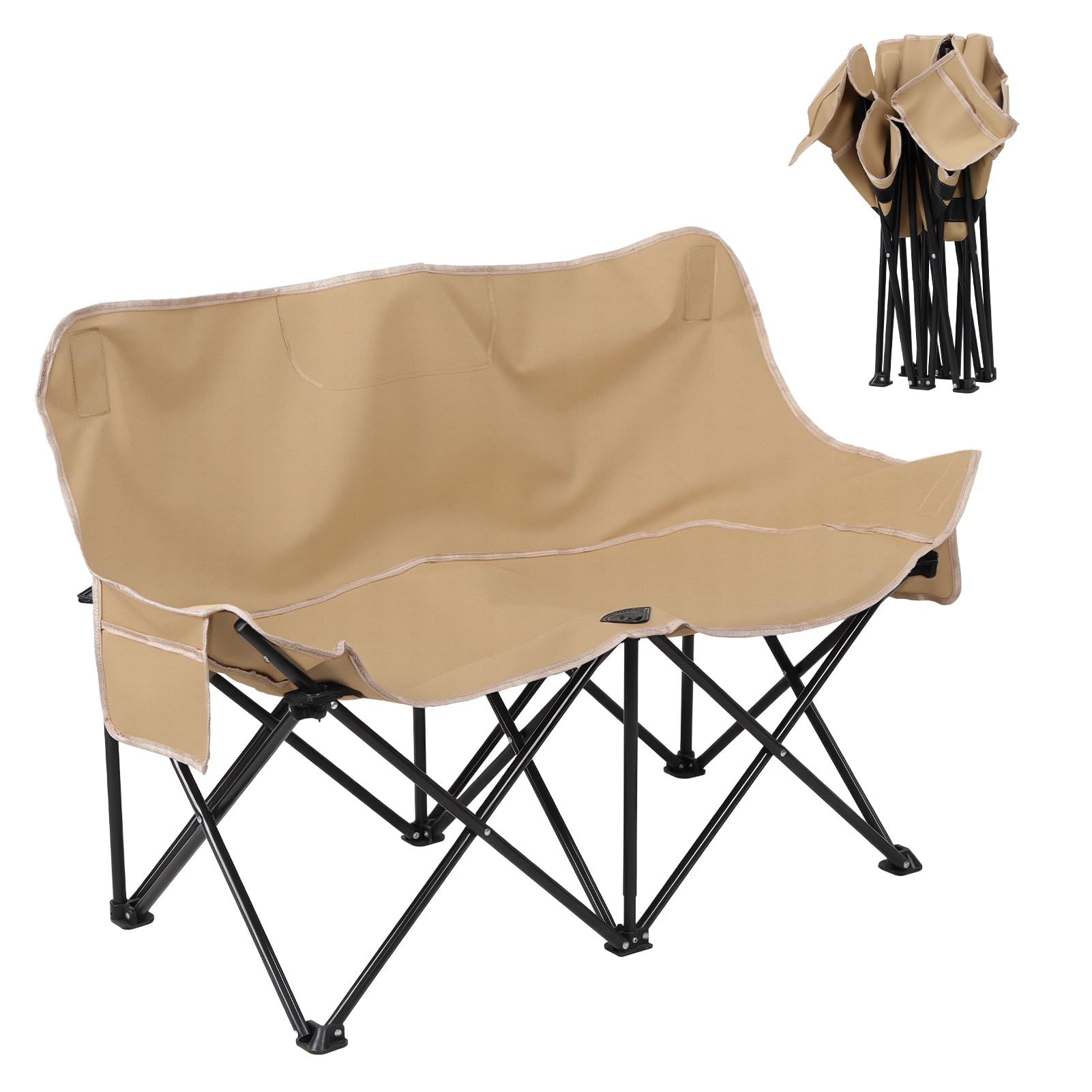 Double Camping Chair for Adults, 2 Person Oversized Loveseat with Carry Bag, Portable Outdoor Folding Camp Chair with Armrest, Foldable Chairs for Patio Beach Lawn Backyard Picnic, Load 150kg (Yellow)