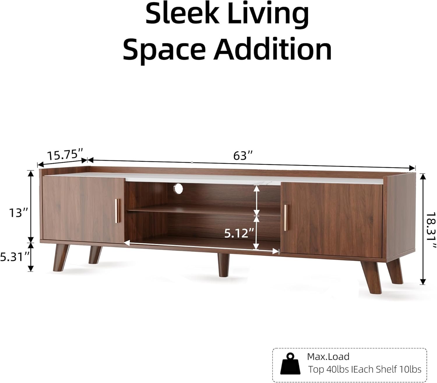 Diagram showing the dimensions of the TV stand: 63 inches wide, 15.75 inches deep, 18.31 inches high, with shelf height of 5.12 inches. Max load for top is 40lbs, each shelf 10lbs.