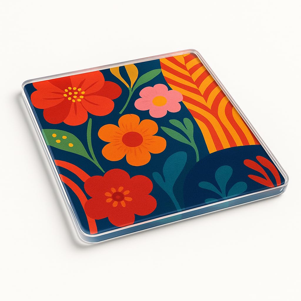 The Plum Penguin Navy Blossom Dance Unique Acrylic Coaster Gift - Floral Pattern Home Decor Drinkware Present