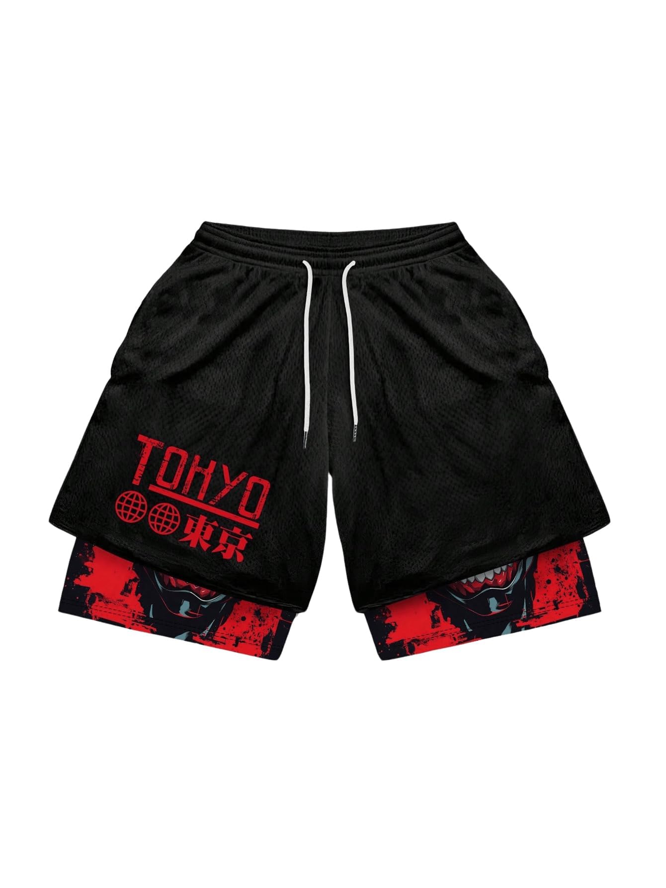 GORGLITTER Men's 2 in 1 Anime Graphic Gym Shorts Quick Dry Drawstring Mesh Athletic Running Shorts with Liner