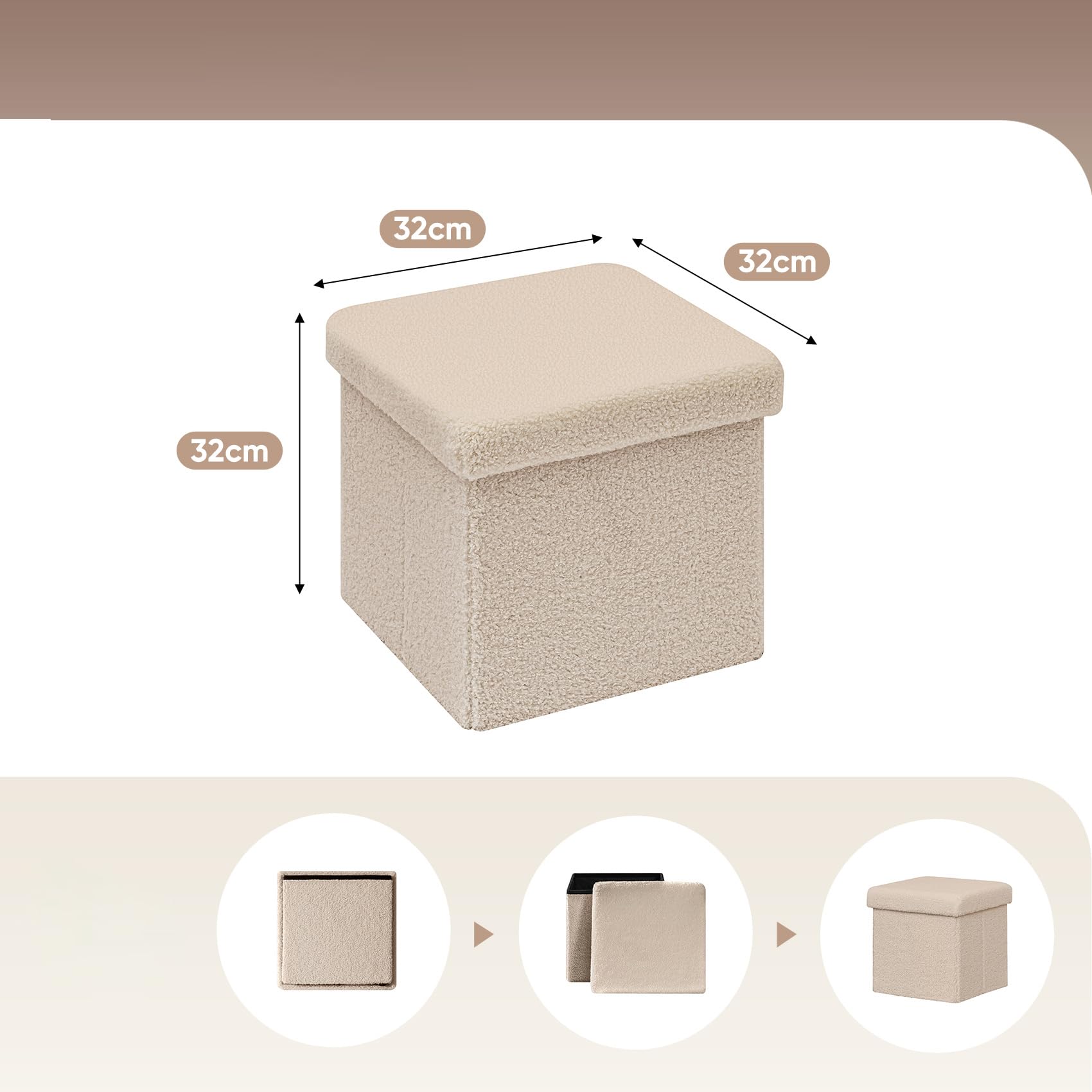 Bonlife Pouf Contenitore, Portaoggetti Piccolo Baule, Poggiapiedi Pieghevole Cubo, Cassapanca, per Ingresso, Soggiorno e Camera da Letto, Beige, 32x32x32 cm