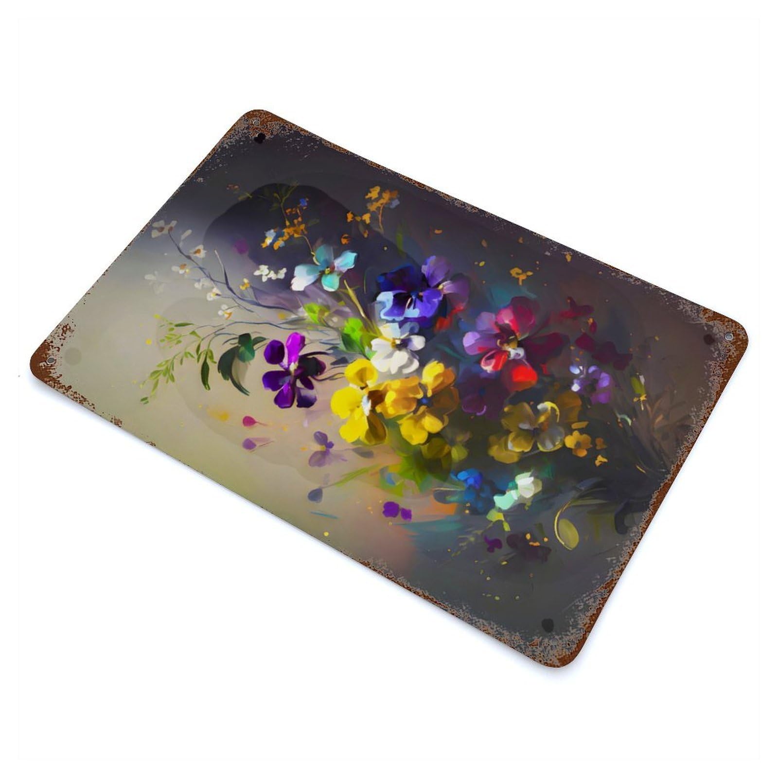 Colorful Flowers Bouquet Vintage Wall Sign 11.8"x7.9", Rust Effect Metal Decor for Basement, Hobby Room And Garage Decor