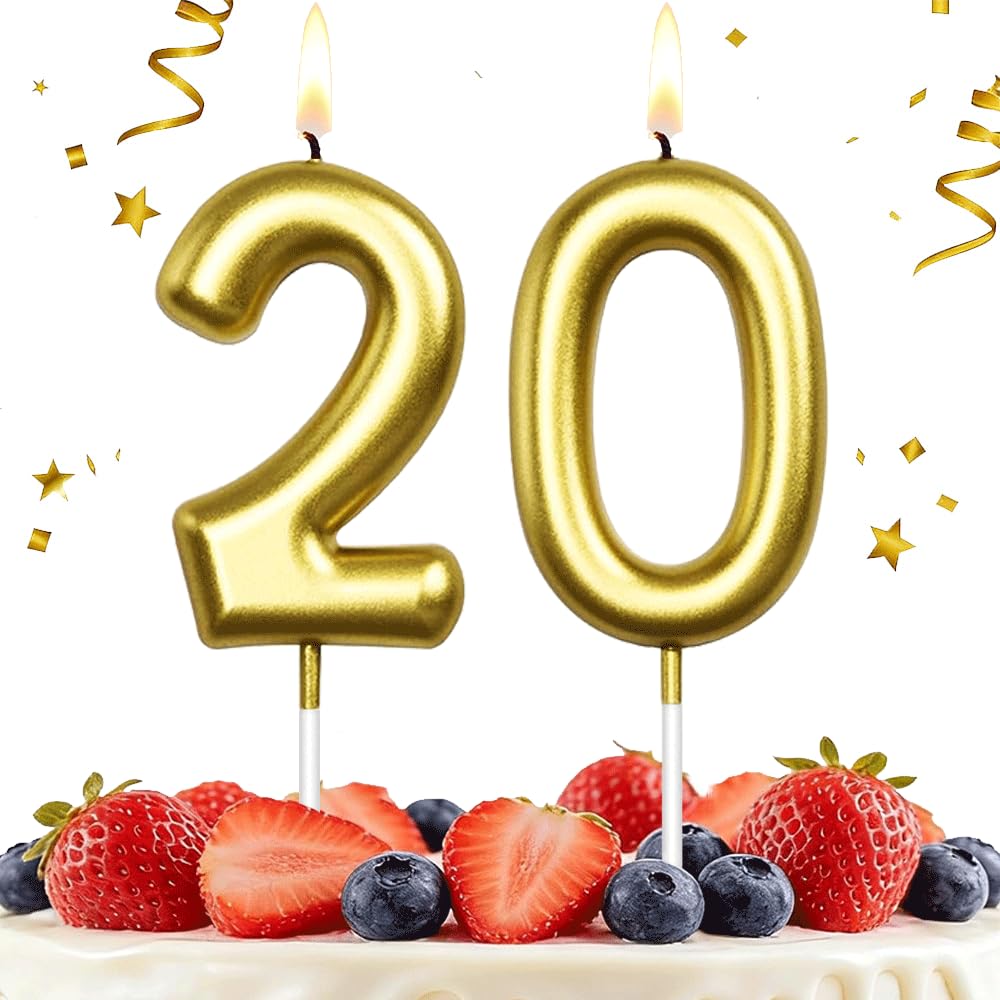 Hlwgfjdy Gold 20Th Birthday Candles Number 20 Cake Topper Happy Birthday Cake Decorations For 20Th Birthday Party, Candles For Birthday Anniversary Celebration Party Supplies（Large Size）