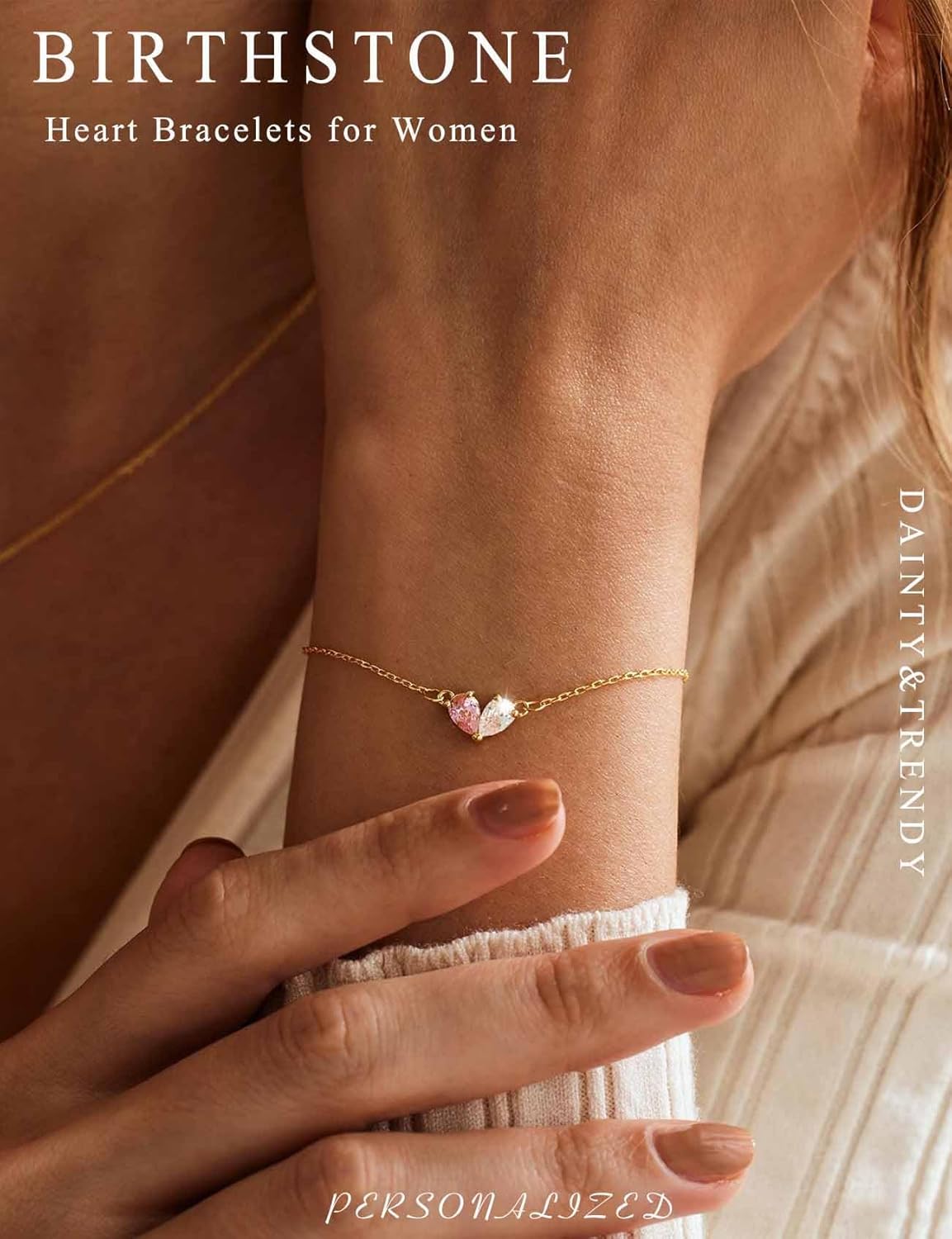 RLMOON Valentine's Day Gift Gold Bracelets for Women Dainty 2 Birthstones Heart Charm Bracelet Non Tarnish 14K Gold Plated Red CZ Bracelets for Bridesmaid Mother and Daughter Anniversary Birthday Gift - Image 2