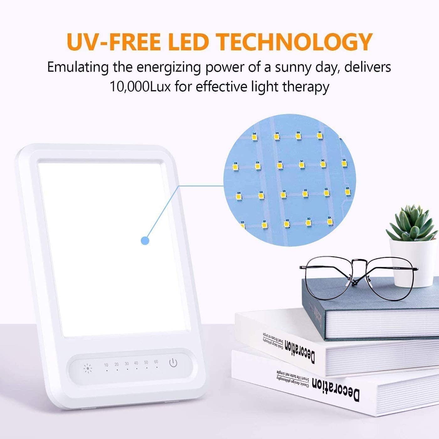 Lámpara de terapia de luz, luz de terapia luminosa LED - UV Free 10000 LUX, función de temporizador, control táctil con 3 niveles de brillo ajustable, soporte ajustable, función de memoria, par