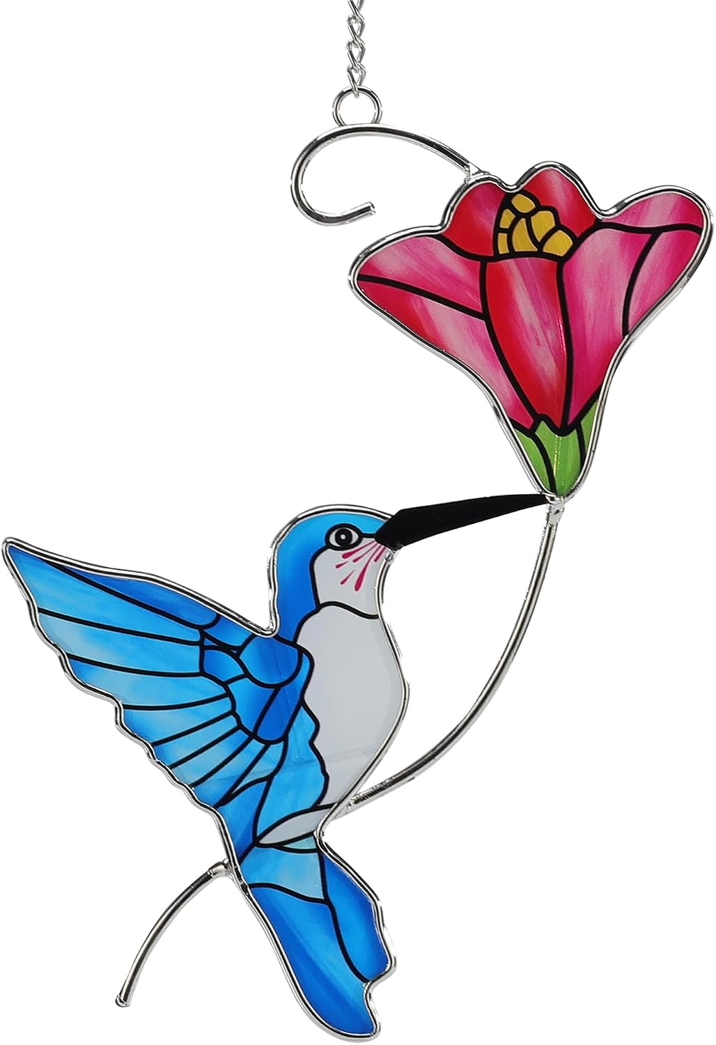 Handmade Stained Glass Hummingbird Hanging Ornament - Colorful 4.3x4.9 Inch Window/Garden Decor for Mom, Grandma, Mother's Day - Patio, Home, Wedding Decorations (Blue Bird)