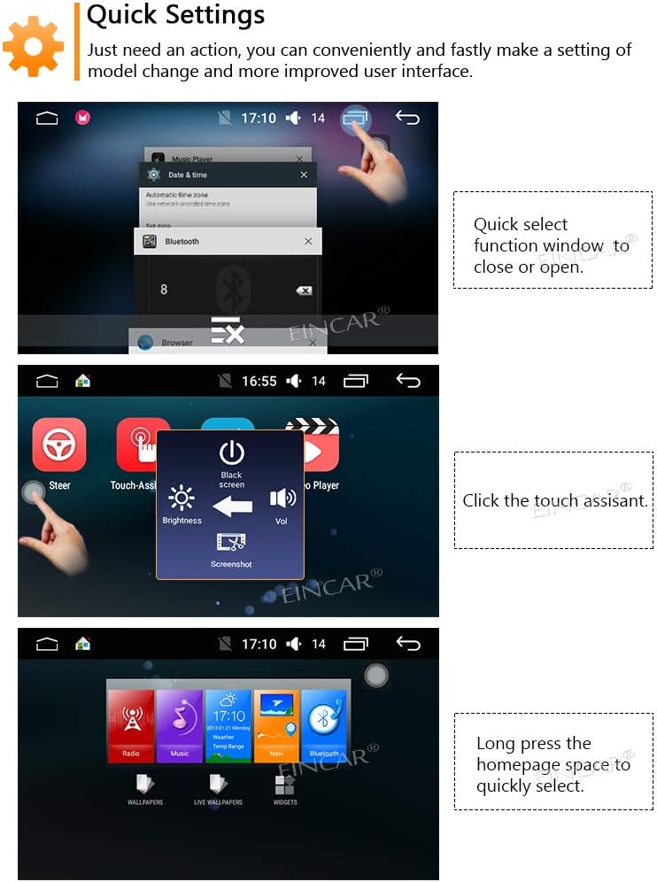 EinCar Android Car Stereo quick settings and interface