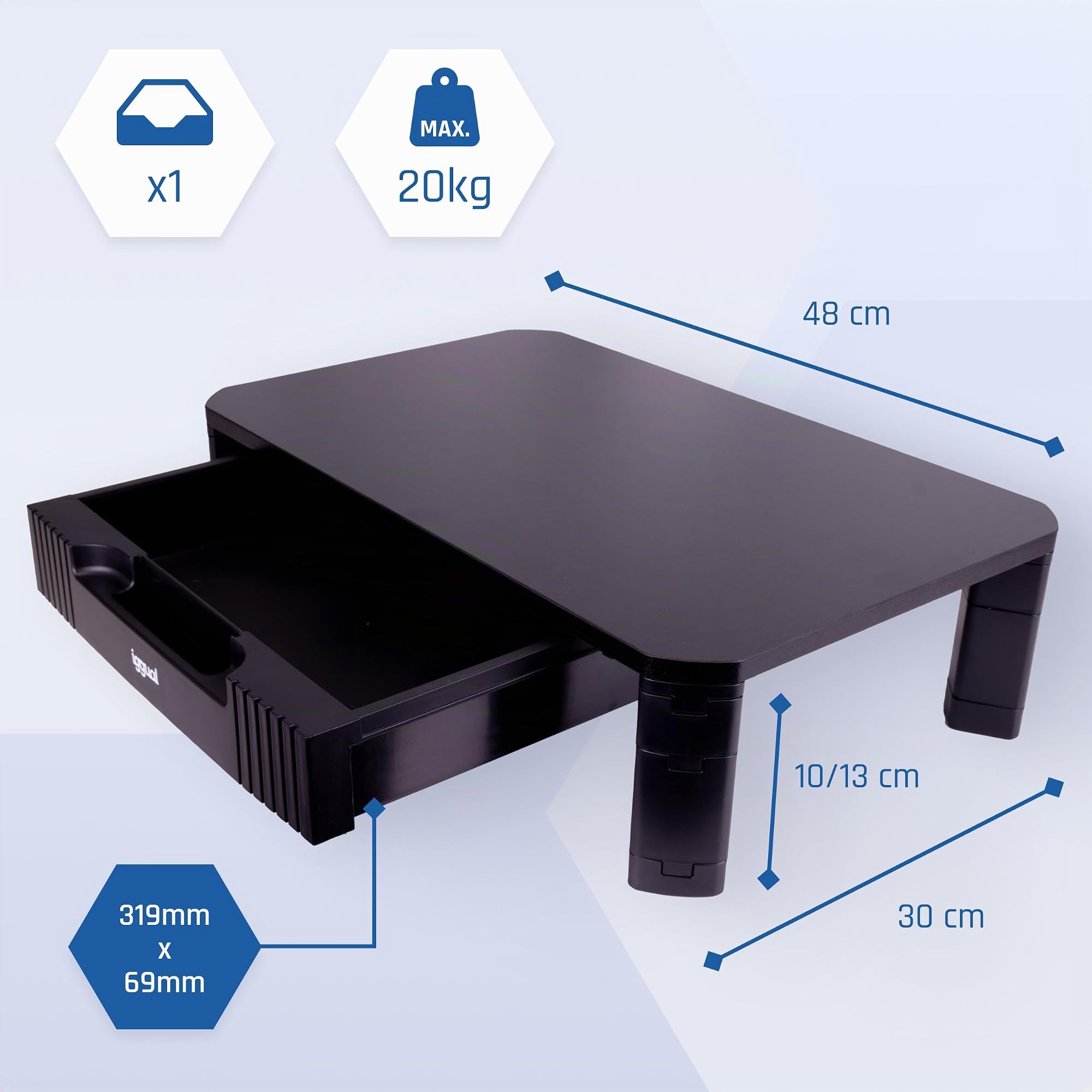 iggual – Elevador de Monitor con Cajón, Soporte Portátil y Ajustable para Escritorio, 2 Alturas (10-13 cm), Superficie 48x30 cm, Antideslizante, hasta 20 kg