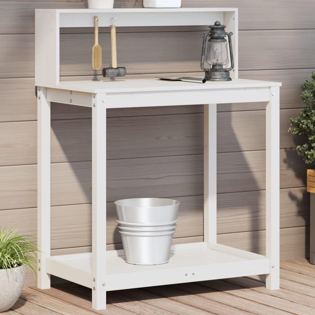 Gecheer Tavolo Invaso con Ripiani,Tavolo da Lavoro per Giardino,Tavolo per Piante in Legno,Banco da Lavoro da Giardino,Tavolo da Esterno,Banco da invasatura,Bianco 82,5x50x109,5 cm Massello Pino