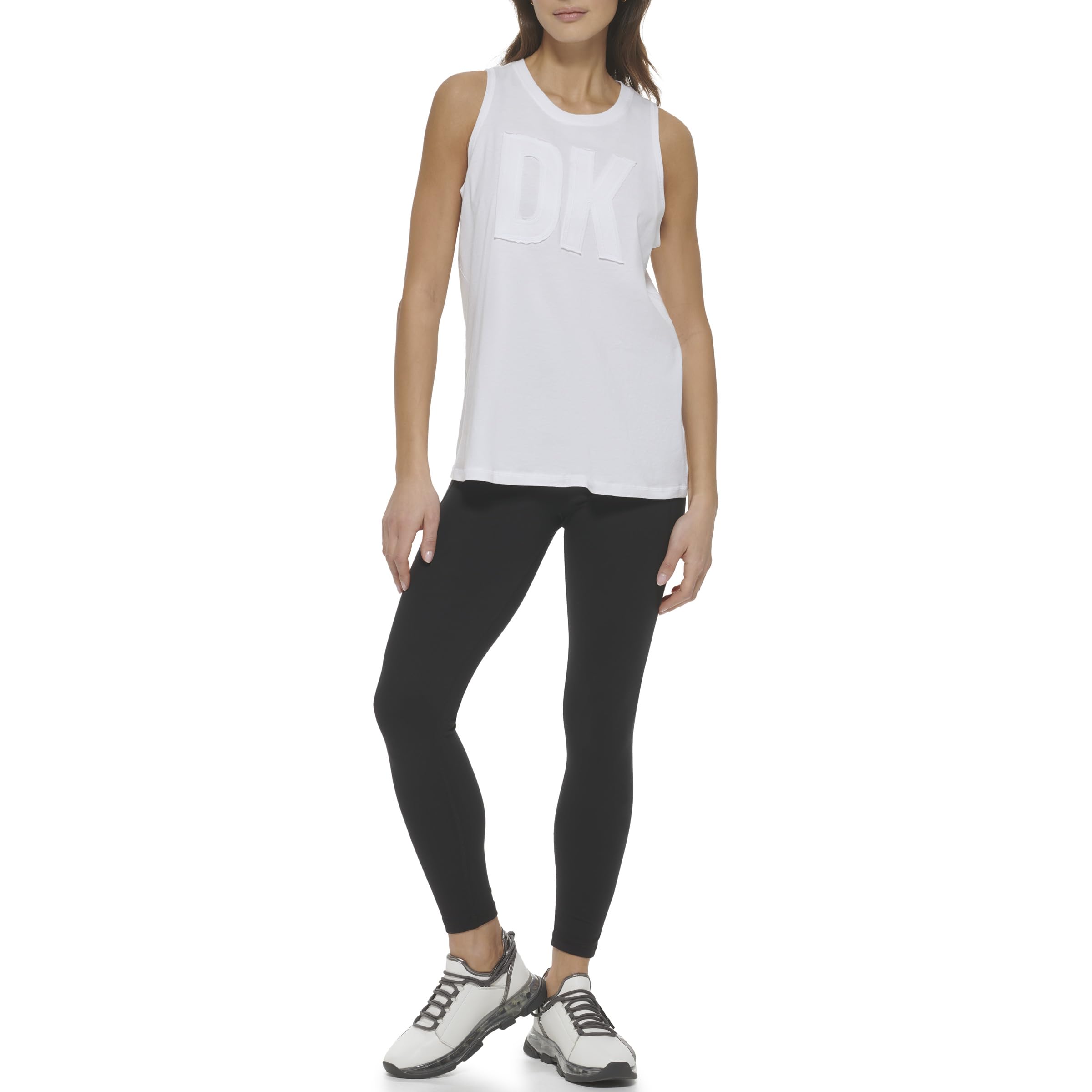 DKNY Women's Exploded Applique Logo Longline Tank, White, XX-Small, White, XXS