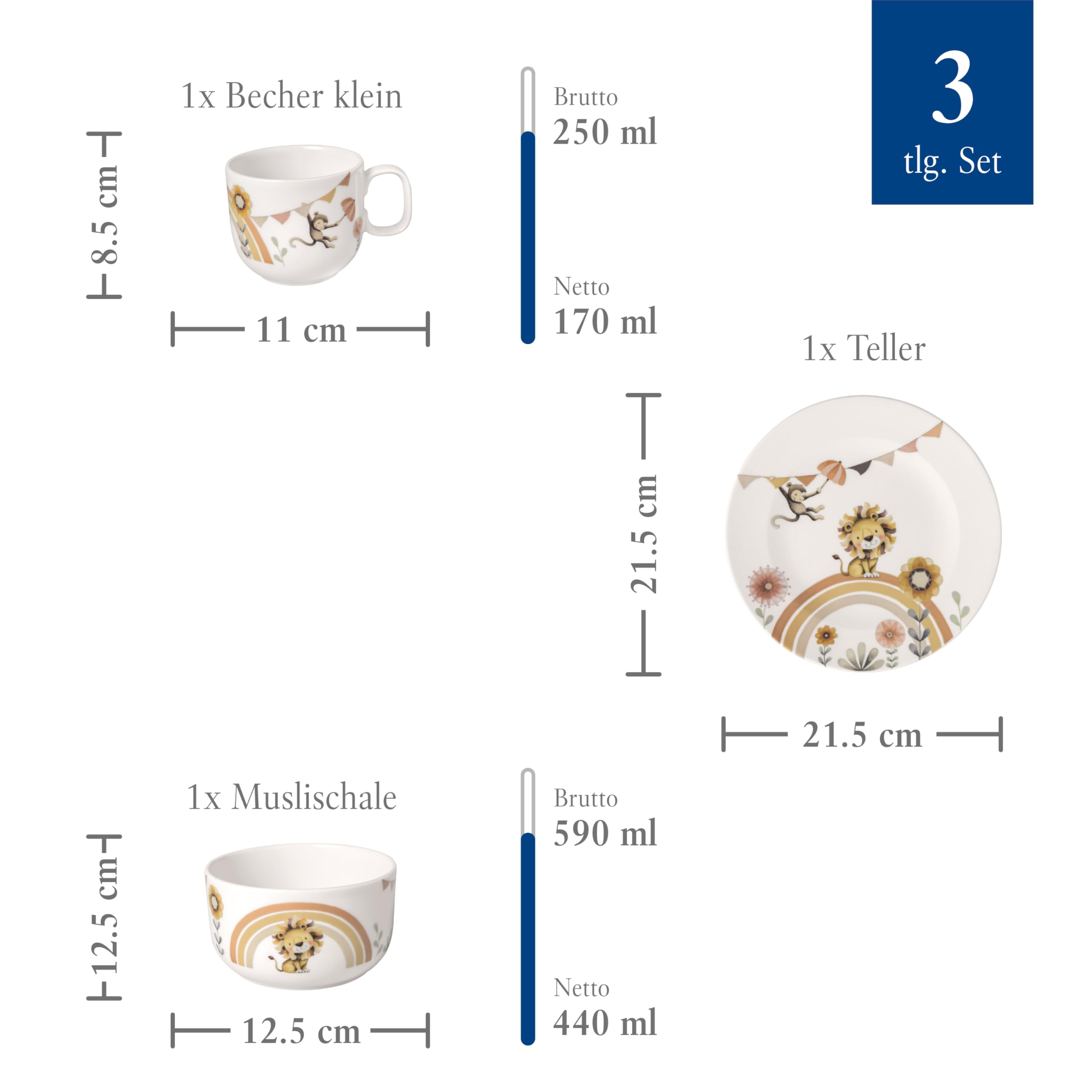 Villeroy & Boch - Boho kids Roar like a lion Ensemble de vaisselle pour enfants 3 pièces, Vaisselle en porcelaine et couverts en acier inoxydable, Lavable au lave-vaisselle, Compatible micro-ondes