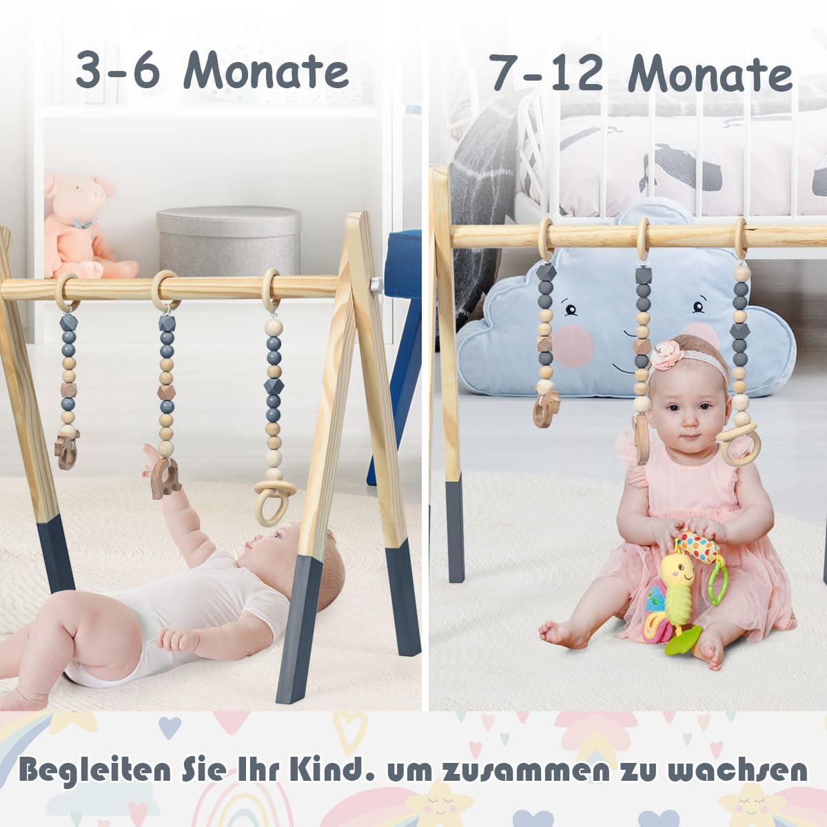 DREAMADE Spieltrapez aus Holz, Motorikspielzeug für Babys, Spielbogen mit 3 Spielzeugringe & 2 Kleinen Tiermodellen, Aktivitätszentrum mit Dreieckigen Struktur, für Kinderzimmer (Grau)