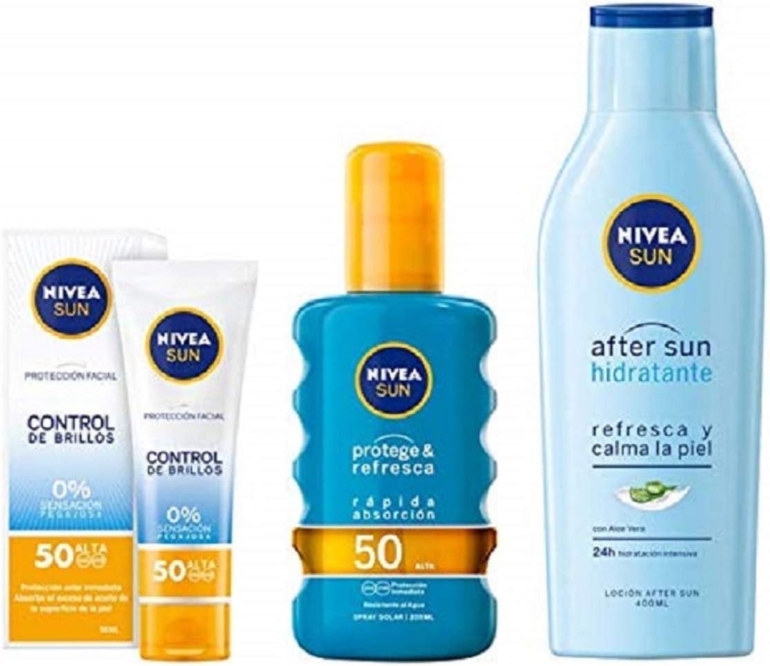 NIVEA SUN crema solar facial FP50 + Protege & Refresca Spray Solar FP50 + After Sun Loción Hidratante