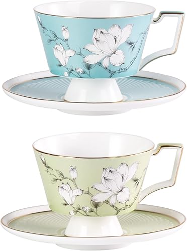 Miniatura 11 de KAMMAK Juego de 2 tazas de café de cerámica, tazas de café de porcelana con platillos, 6.52 onzas hechas a mano, elegante taza de té de porcelana de