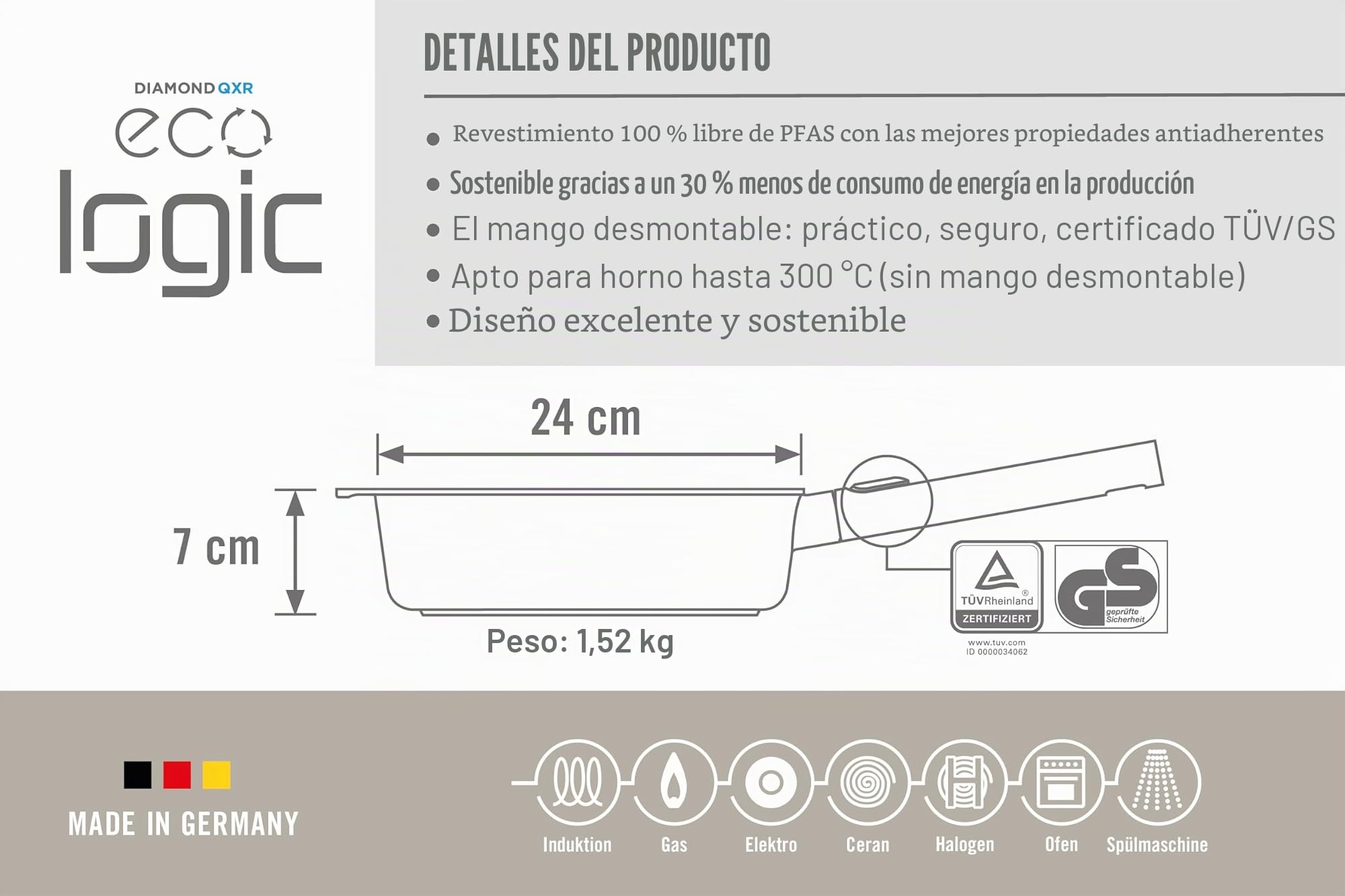 Woll Eco Logic QXR - Sartén de hierro fundido (inductiva, diámetro de 24 cm, 7 cm de alto, con mango extraíble, apta para todo tipo de cocinas, sin PFAS, revestimiento antiadherente, aluminio fundido,