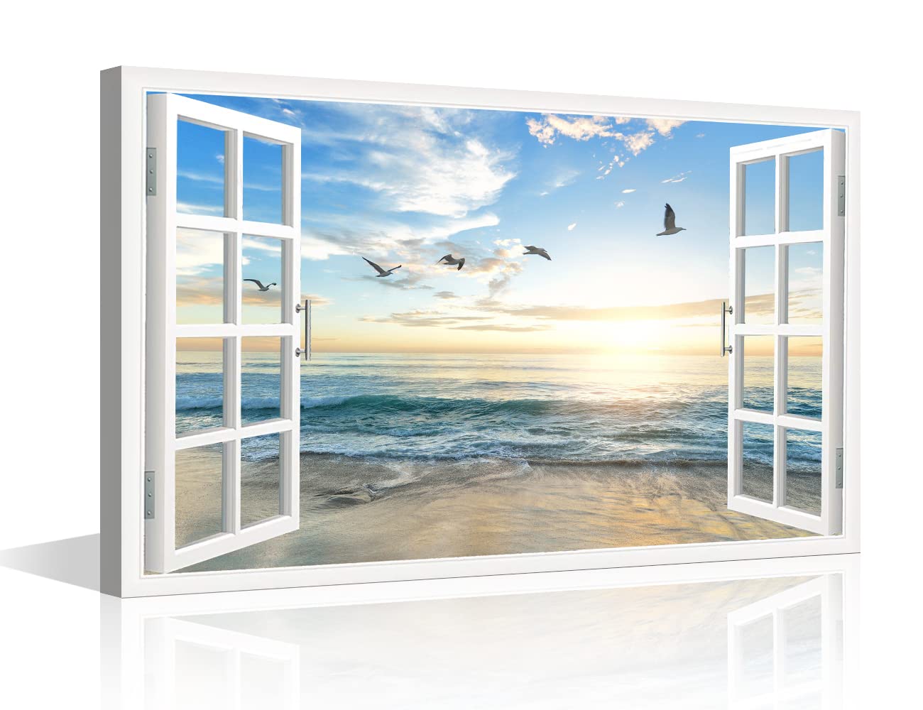 TISHIRON Beach View 3D Window Effect Canvas Art Sunset Beach Blue Ocean Art Large Modern Artwork Canvas Prints for Living Room Office Bedroom Posters Prints Framed Ready to Hang