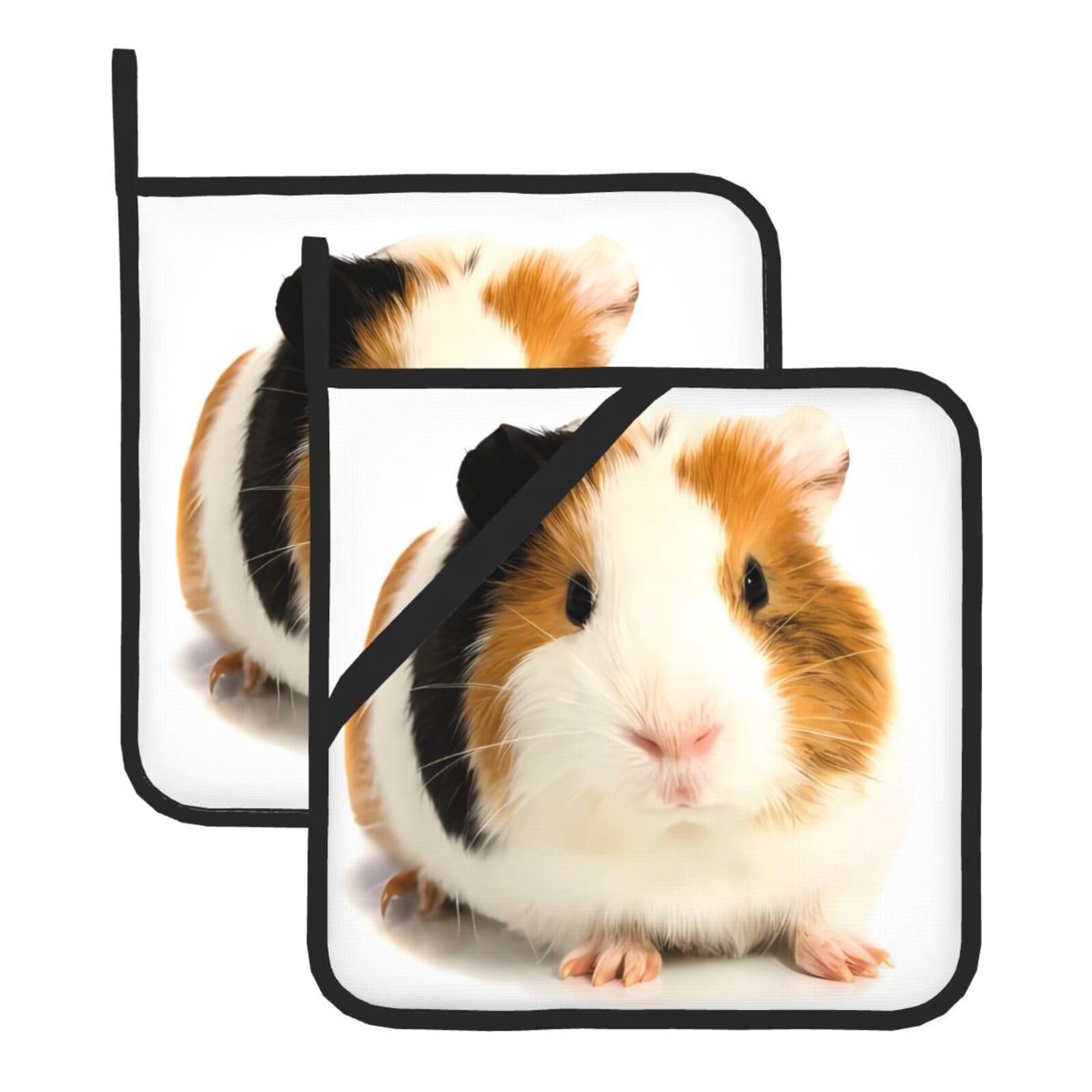 Hjfczh Black Cute Guinea Pig Prints Square Hot Pads Set Of 2 - Waterproof Kitchen Covers For Pots & Pans, Heat Resistant Layers With Hanging Loop - Great For Oven & Bbq