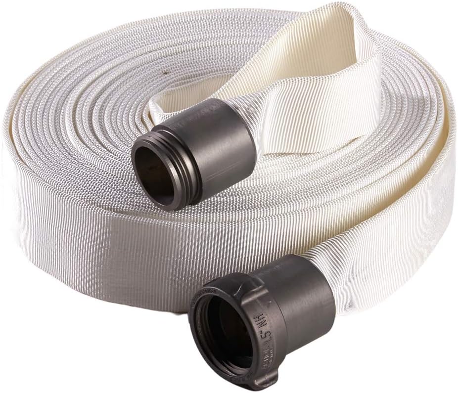 Fire Hose - 1 1/2" x 25' Lay Flat Water Hose - Made in the USA - White Firefighter Hose - NH Couplings