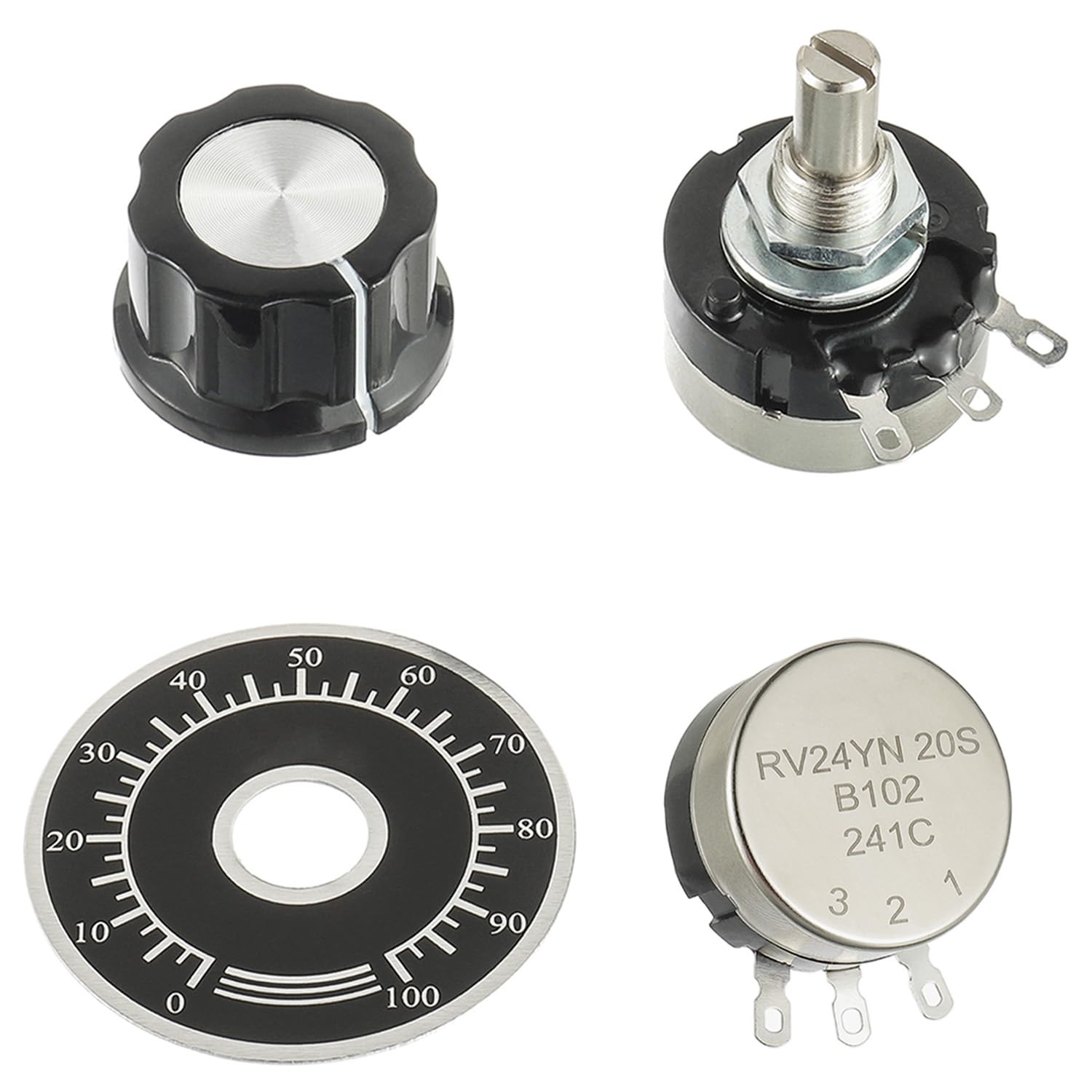 EPLZON B102 1K Ohm Carbon Film Rotary Taper Potentiometer with A03 knob and dial RV24YN20S Potentiometer Single Turn Carbon Film Rotary Taper
