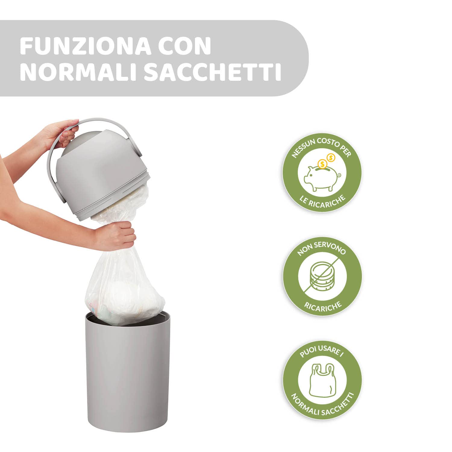 Chicco Mangiapannolini Controlla Odori, Smaltimento Pannolini, Cestino Contenitore Compatto e Salvaspazio, Nessun costo per le Ricariche, Non servono ricariche, si usano i normali Sacchetti, Grigio