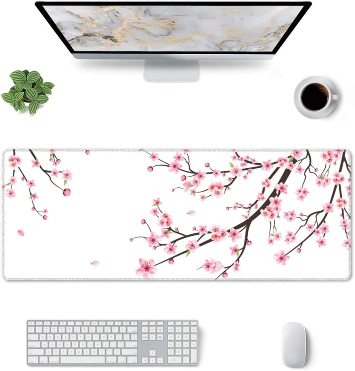 Gaming Mouse Pad Blossom Cherry Flower Pink Ethnic for Desk Keyboard Laptop Non-Slip Rubber Base Large XXL Mousepad with Stitched Edges Game Work Desktop Office Home 31.5 x 11.8 in