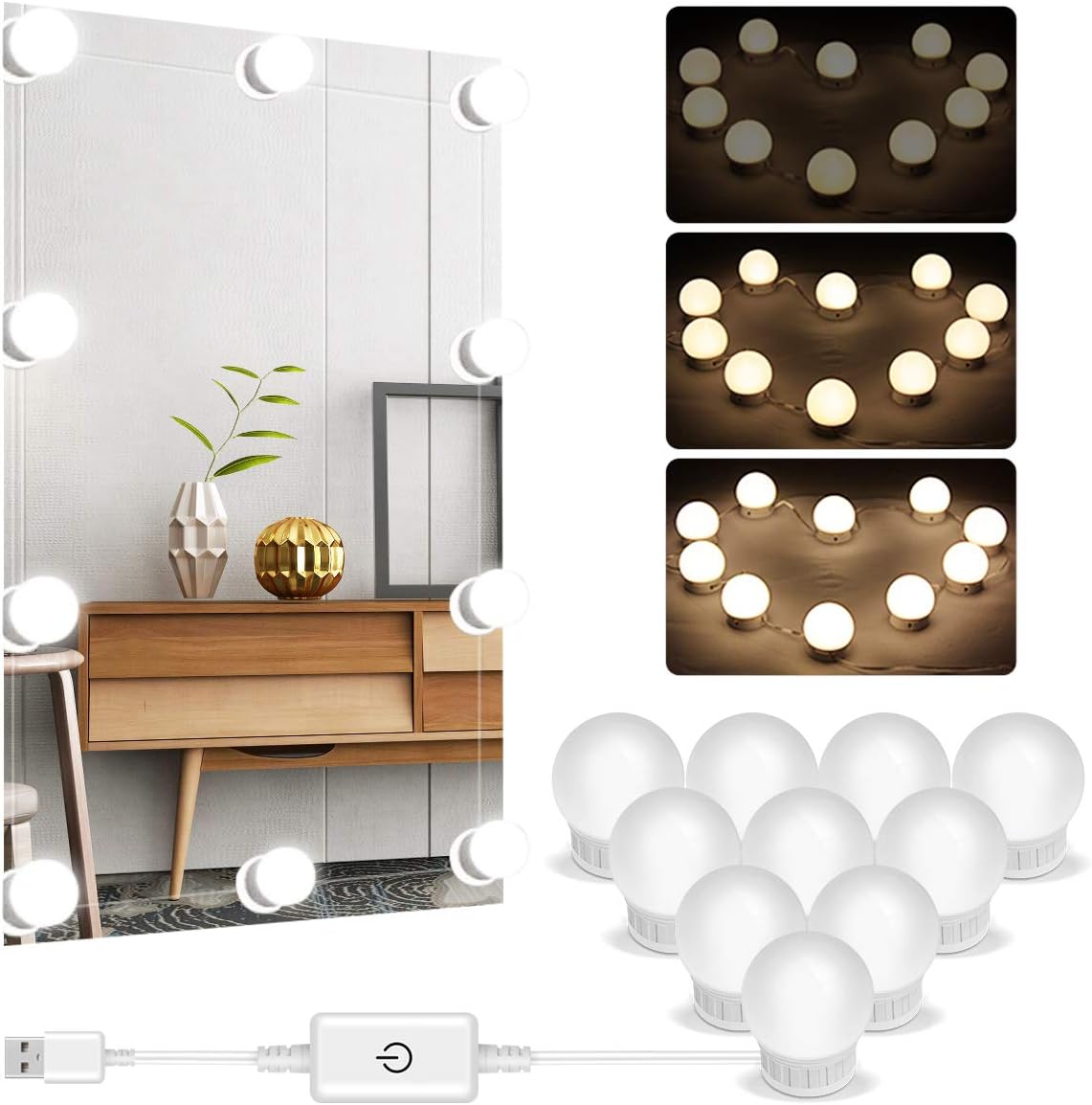 LED Vanity Lights Stick On, Hollywood Mirror Lights Kit with 10 Dimmable Light Bulbs, Adjustable Brightness and Length Makeup Lights, USB Power Lighting Strip for Dressing Table, 10 Light Bulbs