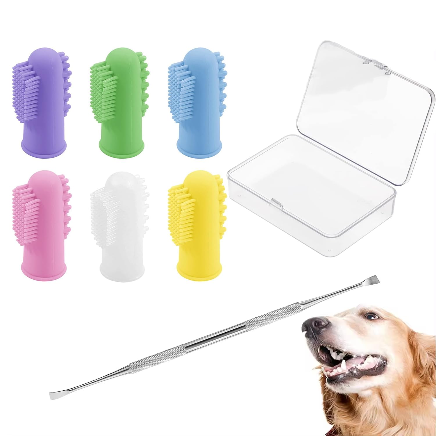 DistriPet Cepillo Dientes Perro, Kit de Cepillos de Dientes Reutilizables para Dedos (paquete de 6), Cerdas de Silicona 360°, Incluye una pinza de regalo. Cuidado Dental a Perros, Gatos y Cachorros.