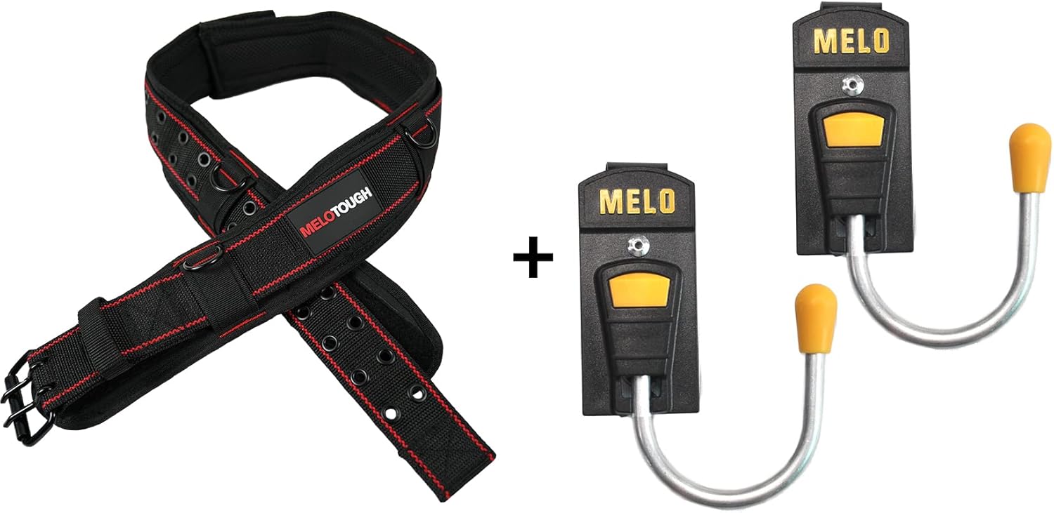 MELOTOUGH 1 Pack Padded Tool Belt with D Ring and Strong Durable Double Metal Roller Buckle,Adjustable Waist + 2 Pack Tool Holster Cordless Drill Holster Tool Hook