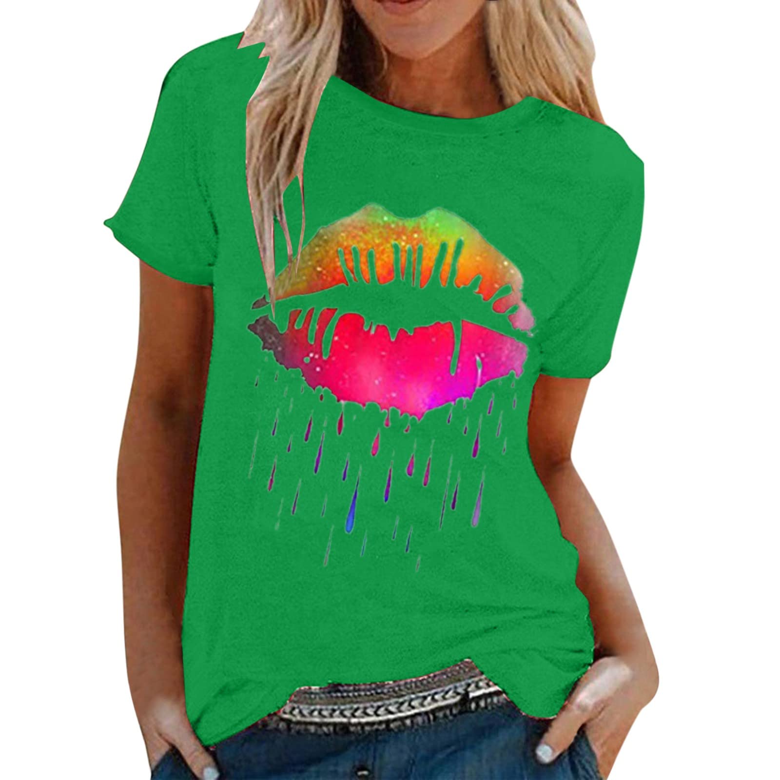ADXFWORU Fashion Women Casual Colorful Lip Print Short Sleeve O Neck T Shirt Blouses Tops Tech Apparel