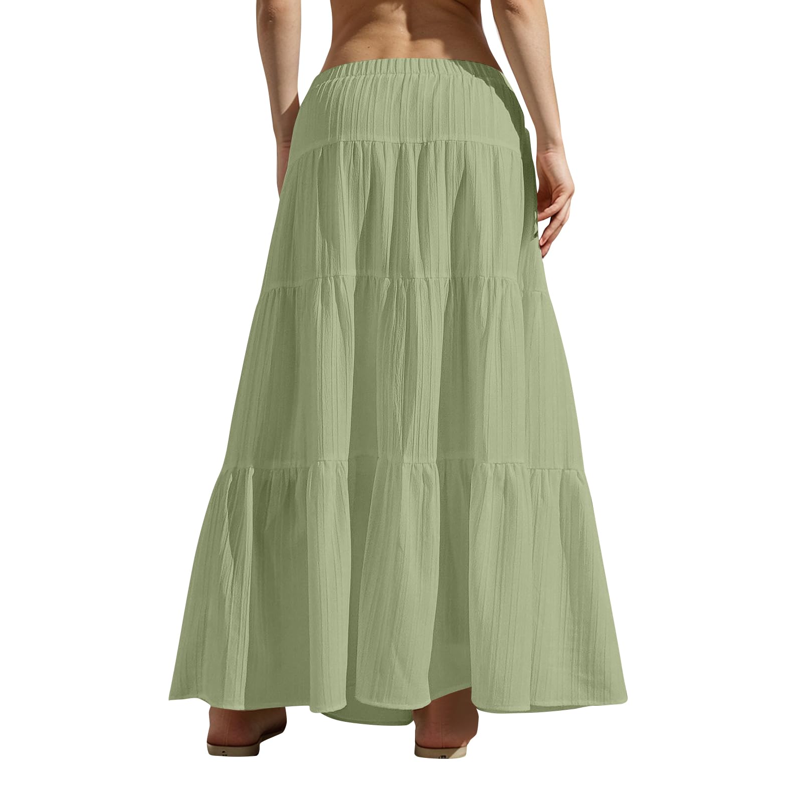 Tiered Long Skirts for Women Summer Vacation A-Line Pleated Skirt Drawstring High Waisted Flowy Swing Maxi
