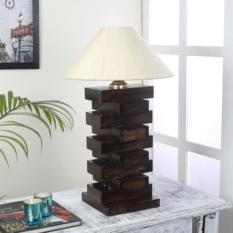 Image of tu casa Table Lamps with Mango Wood Base & Off-White Cotton Shades for Home Decor, Bedrooms, Living Room, Gifting, Diwali Decoration, Dining Space, Study Room, Hall (Height- 54cm) - Bulb not Included