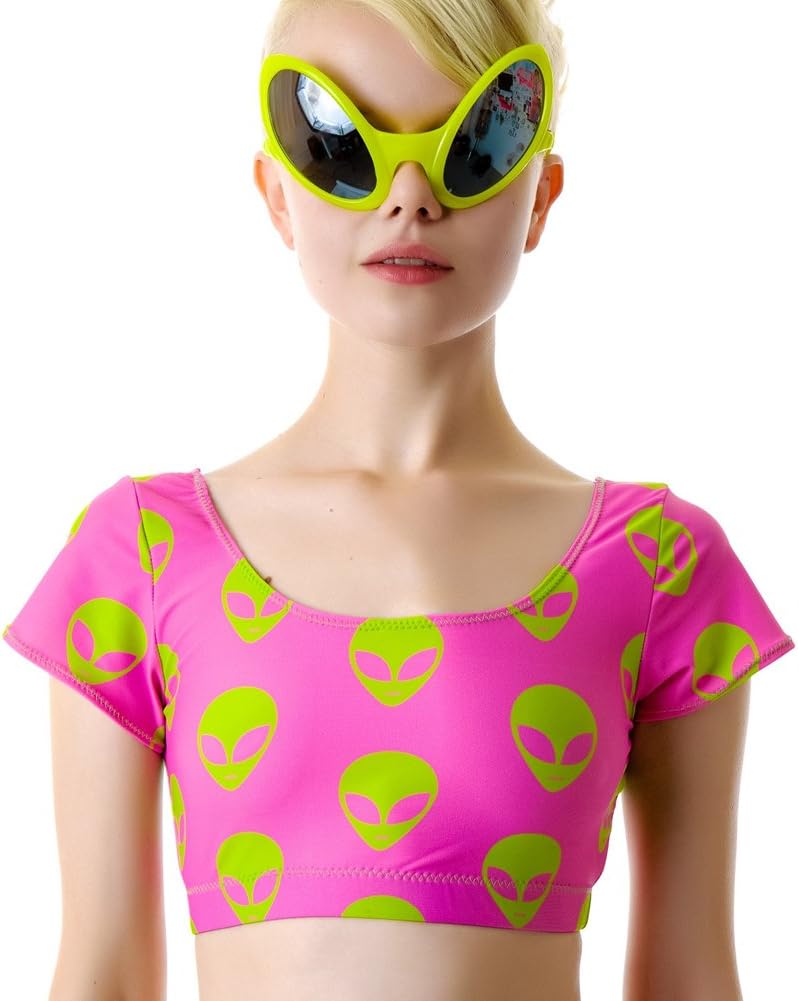 Hipster Shirt Aliens T Shirt Crop Top for Lady Funny White Top Tees (S)