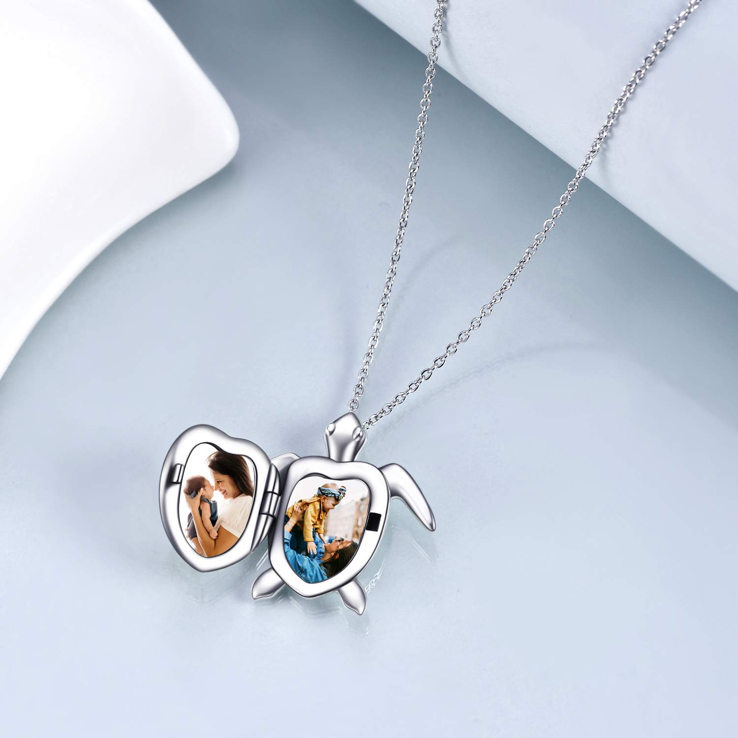 Schildkröten Medaillon Halskette Sterling Silver Damen Kette mit Foto niedlicher Tieranhänger Schmuck Geschenke für Frauen Mutter Tochter
